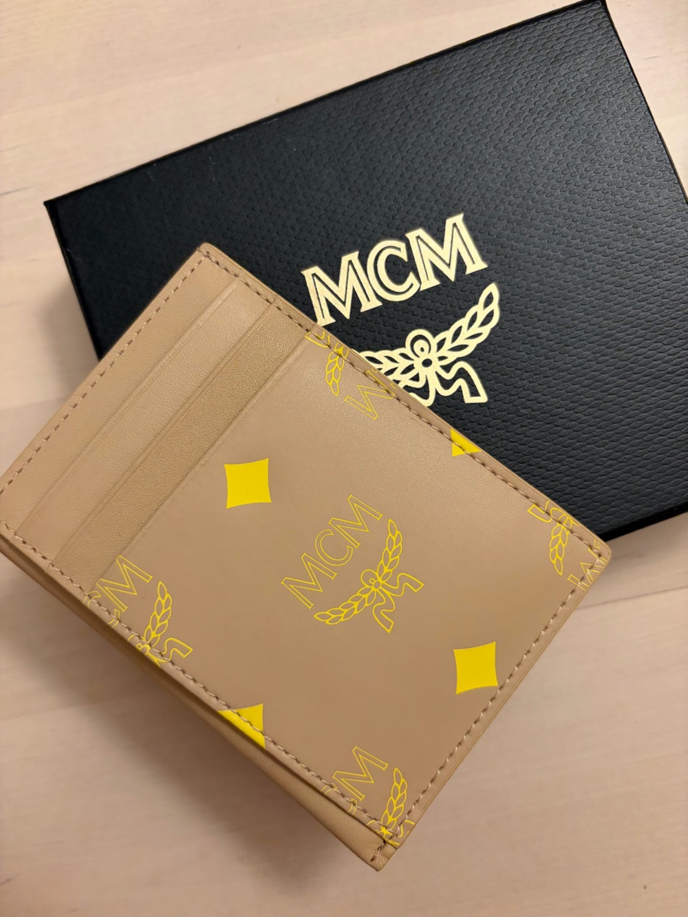 MCM Beige Card Holder with Yellow Logo Monogram 100% AUTHENTIC